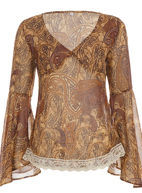 IAEY中古vintage腰果花棕色V领T恤女早秋蕾丝花边雪纺喇叭袖上衣