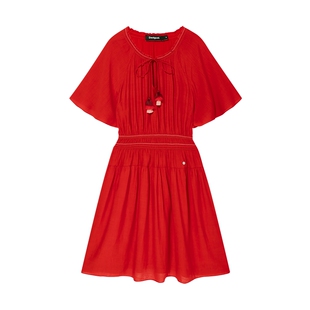 Desigual橡筋收腰流苏系带V领短袖女士连衣裙