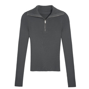 ousph 黑色polo领拉链长袖针织衫女2025秋修身显瘦毛衣打底上衣