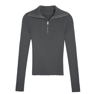 拉链设计高领修身针织衫