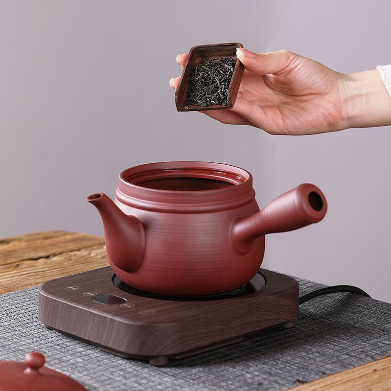 侧把大囗红泥煮围炉陶茶罐泡茶煮盖炉壶煮茶老铫茶壶茶器砂跳电白