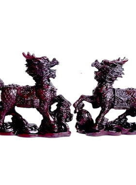 紫檀木雕麒麟一对镇宅招财摆件