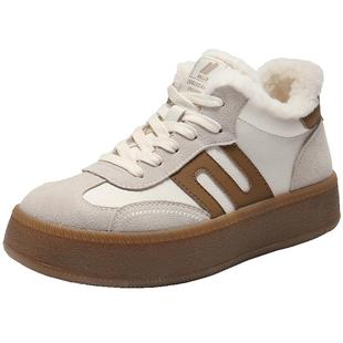 百丽板栗德训鞋保暖加绒高帮板鞋子女棉鞋新款舒适休闲鞋E5Q1DDD5