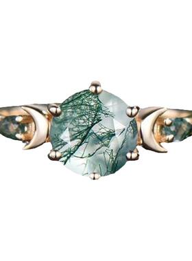 女黄金天然绿色苔玛瑙宝石戒指