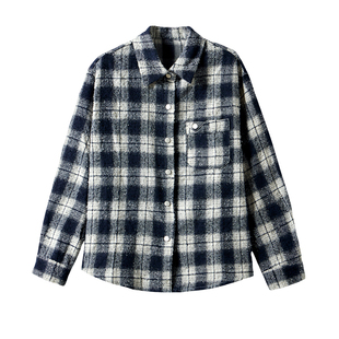 云上生活【黑白琴格】流须百搭肌理格纹宽松长袖春秋新款衬衫上衣