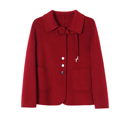 红色短款妈妈装双面呢羊绒大衣女