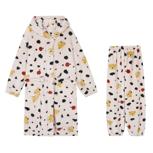 JoyceBra冬季加绒加厚连帽睡袍女可爱小熊宽松保暖珊瑚绒睡衣套装