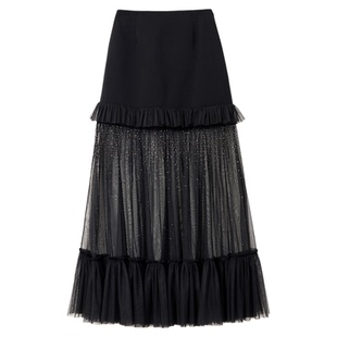AZZHEN【夜雨星光】烫钻网纱乱麻拼接半身裙女秋季新款名媛A字裙