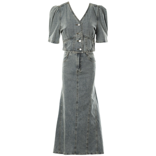 DPLAY 夏法式复古牛仔套装裙短款上衣鱼尾半身裙气质两件套女