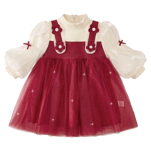 女童连衣裙秋冬款小女孩加绒洋气公主裙儿童红色纱裙宝宝生日裙子