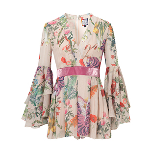 密扇国潮水袖雪纺V领连衣裙女碎花温柔风连体裙裤小个子连身裙夏