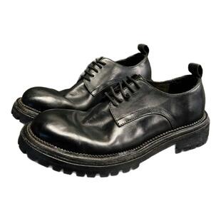 黑色商务休闲厚底水洗马皮德比男鞋英伦风手工装软皮大头皮鞋男款