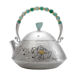 纯银999纯手工一张打泡茶壶翡翠提梁壶中式家用高端茶具茶器 玉荷