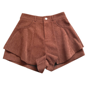 复古灯芯绒裙裤女秋冬大码不规则设计感高腰百搭条绒A字阔腿短裤