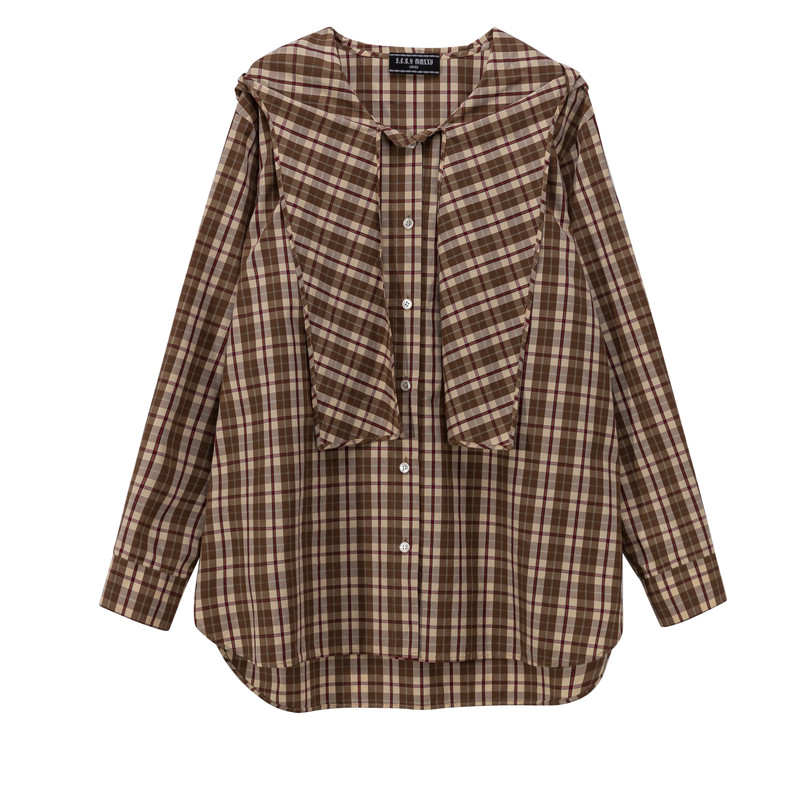 【新品】SERY卡其棕格纹连帽衬衣开衫衬衫格子宽松休闲百搭Shirt