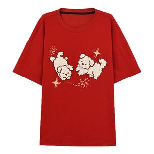 森女部落原创红色显白小狗宽松百搭短袖上衣T恤女2026初夏穿搭