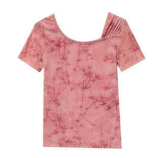 性感圆领网纱T恤女短袖夏季气质植绒印花上衣紧身弹力网纱小衫潮