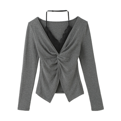 秋冬新款甜美辣妹少女风成熟高级感假两件蕾丝花边交叉小性感上衣