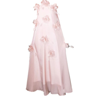 法式粉色挂脖轻纱花朵晨袍超仙新娘回门订婚结婚敬酒晚礼服连衣裙