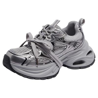 【银际】骆驼女鞋老爹鞋2025年秋季新款厚底增高加绒鞋银色运动鞋