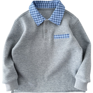 男童长袖Polo衫~中大童学院风格子翻领T恤珠地网眼棉上衣纯色打底