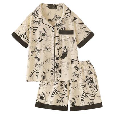 凉感纯棉猫咪睡衣女夏季国风