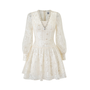 Misi.Camii2024早春新款女士时尚V领珠片纱鱼尾礼服A字短款连衣裙