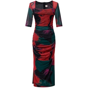 水墨晕染连衣裙夏季新款复古成熟优雅网纱方领短袖修身褶皱包臀裙