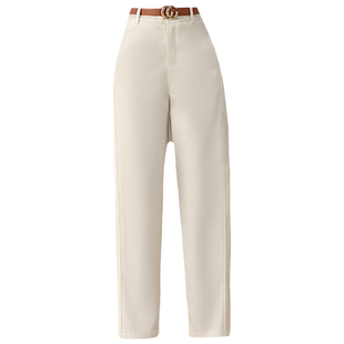 以利曼贝春新款米白抗皱舒柔特气球裤显瘦女裤简约时尚九分镰刀裤