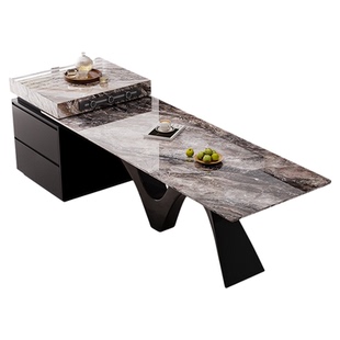 天然奢石岛台餐桌一体威尼斯棕家用饭桌意式轻奢别墅客厅设计师款