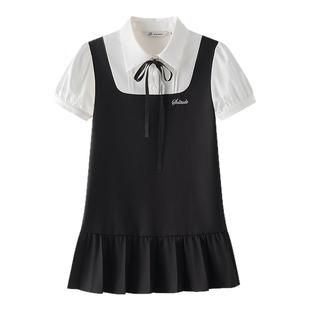 卡奶裙学院风女夏甜美可爱绀色吊带裙衬衫连衣裙套装东京岁时记jk