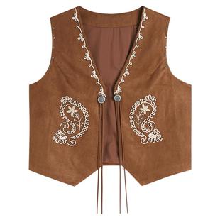 弥古2025秋冬新款叠穿鹿皮绒马甲短款女高级感美拉德刺绣马夹背心