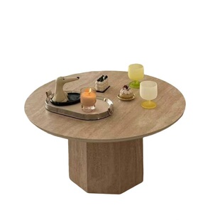 侘寂风岩板洞石茶几客厅家用设计师网红民宿小户型圆形大理石茶台