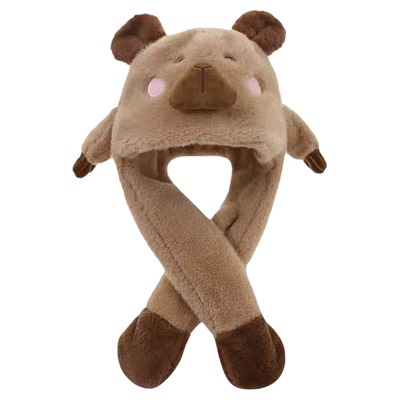 卡皮巴拉帽子围巾一体围脖儿童2025新款小男孩宝冬季捏耳朵会动的