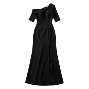 轻奢一字肩黑色鱼尾晚礼服女长裙高级感气质日常宴会主持人连衣裙