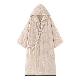 睡袍浴袍女秋冬季珊瑚绒加绒披肩斗篷中长款刺绣外套睡衣披风冬天