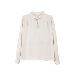 布符新中式「米白醋酸双攀缘结旗袍上衣」2026年新品春季长袖女装