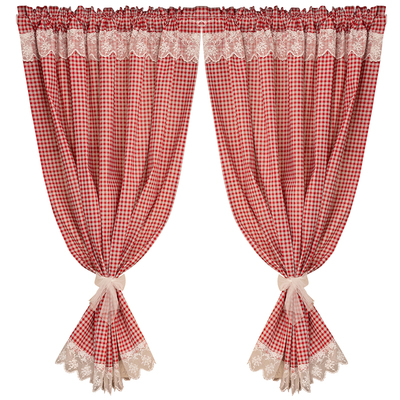美式红格子蕾丝花边窗帘半帘门帘