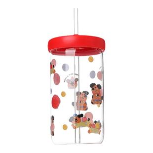 畹町卡通桌面吸管玻璃水杯萌宝熊猫耐高温大容量杯子600mL