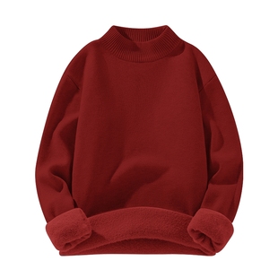 猫人流行圆领加绒毛衣2025冬季纯色高级红色一体绒男女同款毛衫Y