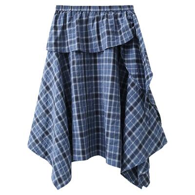 【清仓秒杀】夏季韩系独特上衣不规则中长款蓝色荷叶边格纹半身裙