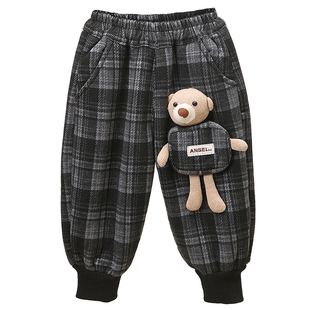 男童加绒裤子儿童一体绒2025新款冬装宝宝加厚长裤男孩童装格子裤