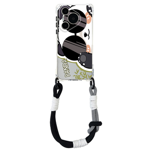 创意墨镜熊猫挂绳斜挎手机壳适用华为Pura70pro手提背带P70Ultra四角开孔mate60全包防摔P60ART透明nova12por