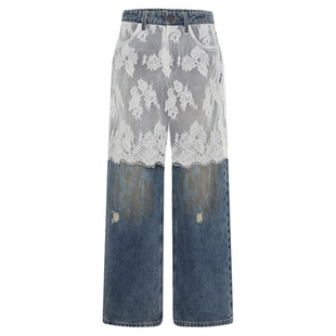 MOUSSY 秋季新品甜酷辣妹风蕾丝拼接破洞牛仔裤028IAA11-1024