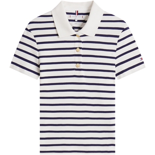 Tommy26春夏新款女装纯棉休闲通勤条纹金扣翻领修身短袖T恤POLO衫