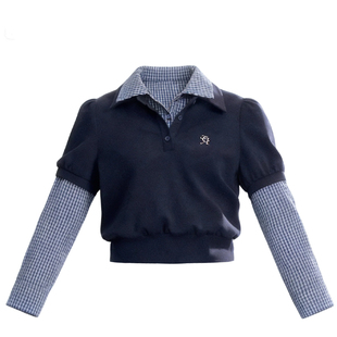 fragileheart易碎商店·课代表复古格纹POLO领长袖衬衫假两件上衣