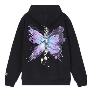 PCMY蝴蝶刷漆连帽卫衣男女情侣宽松休闲薄绒套头涂鸦日系帽衫外套