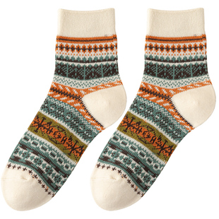 优质纯棉袜子女士秋冬季复古中筒袜全棉厚款保暖民族风美拉德长袜