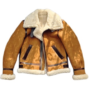 新西兰美利奴无涂原生态高密度羊羔毛B3皮毛一体轰炸机飞行夹克