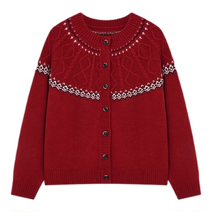 Basic House/百家好费尔岛提花针织开衫女宽松慵懒风圆领毛衣外套